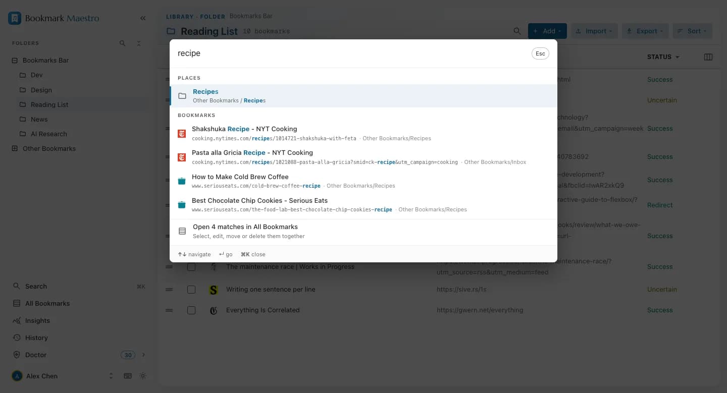 The command palette open over the manager, matching folders, views and bookmarks for a typed query with the matched words highlighted