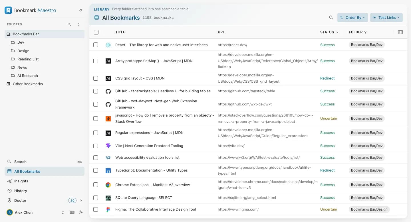 All Bookmarks interface screenshot