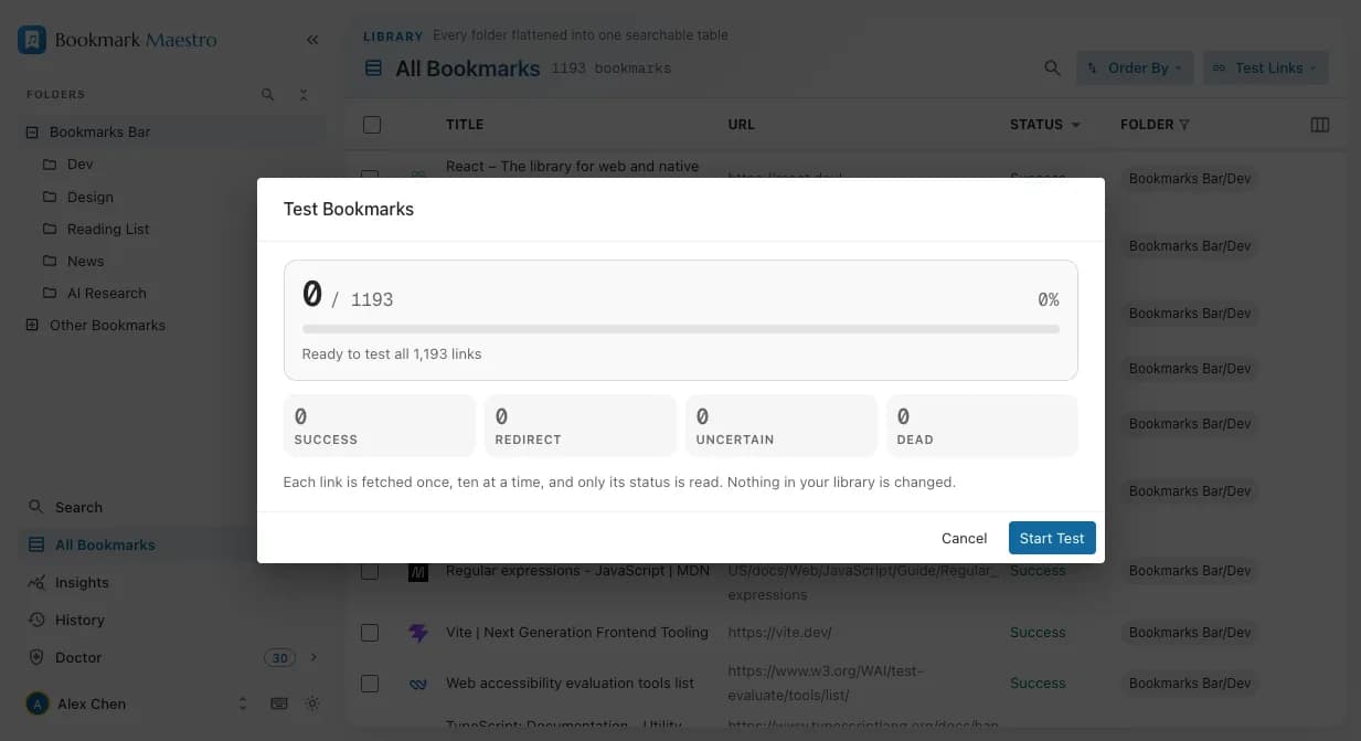 Link Health Testing interface screenshot
