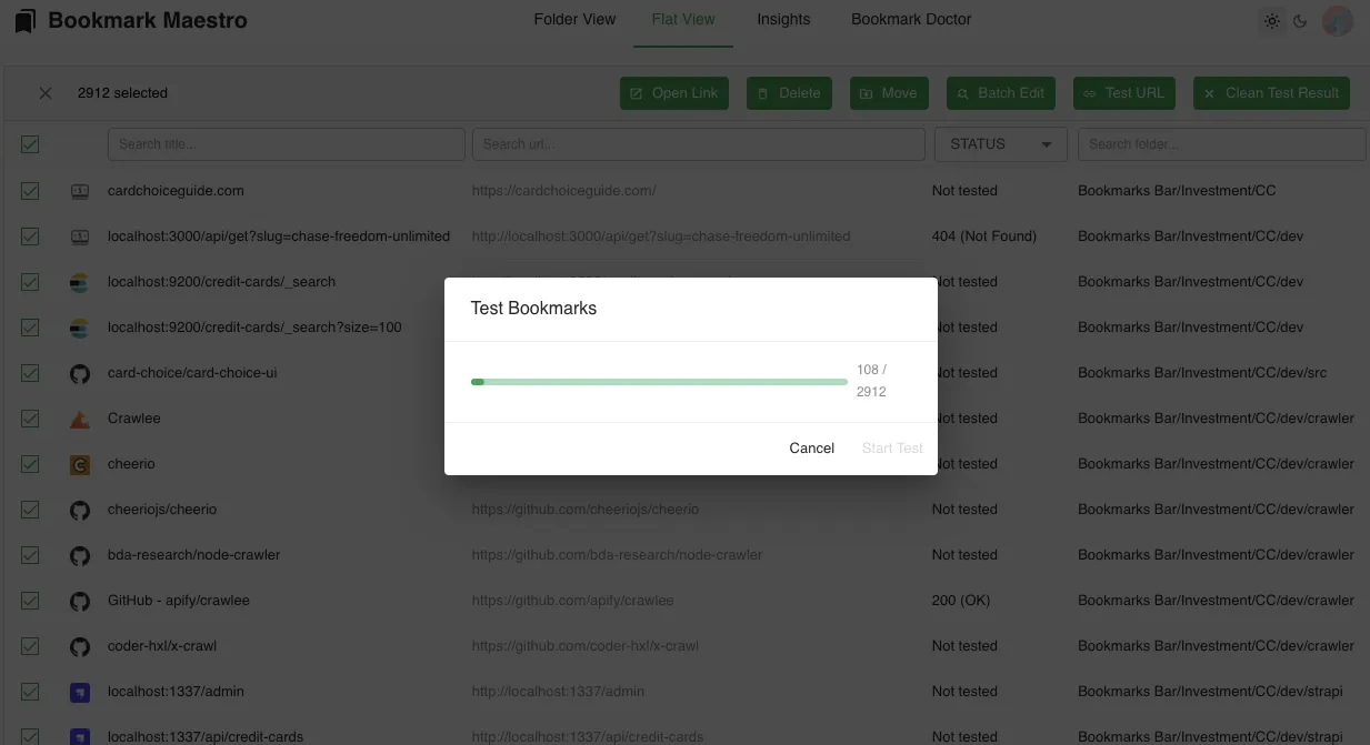 Link Health Testing interface screenshot