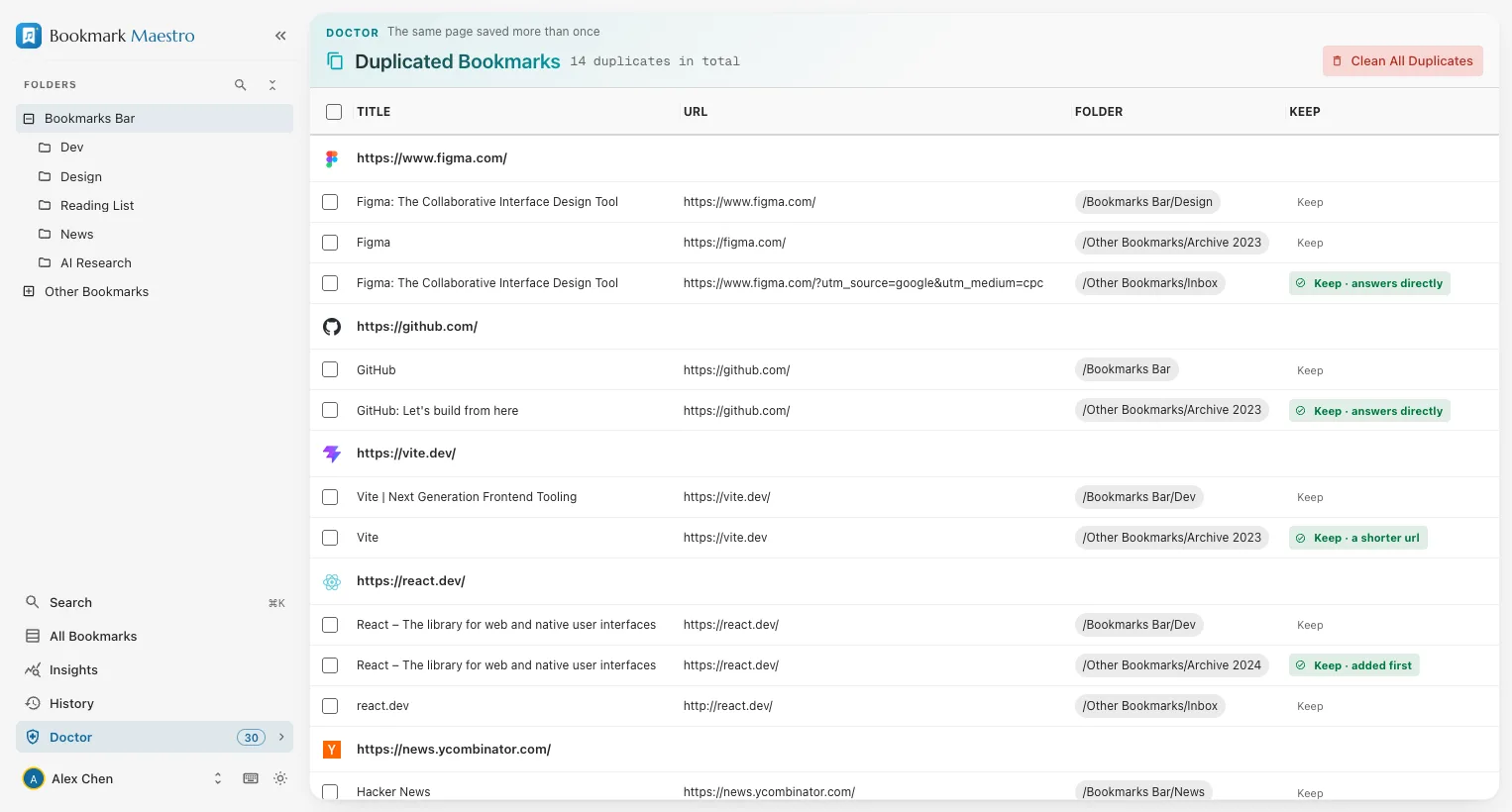 The Bookmark Doctor in Bookmark Maestro