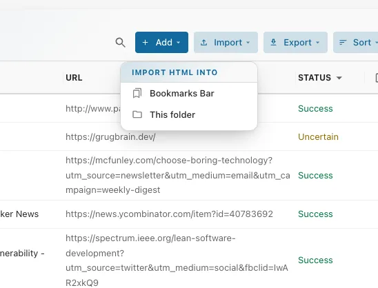 The Import menu in Bookmark Maestro, asking whether the HTML file lands on the Bookmarks Bar or in the folder you are standing in